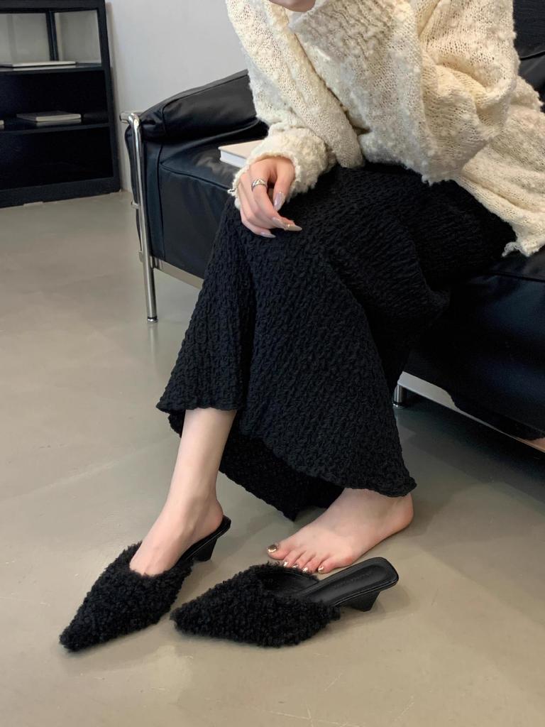 New Slippers Women's Fashion Temperament Beautiful Color Fluffy Half Slippers Women's Stiletto High Heel Bag Drag High Heels Winter