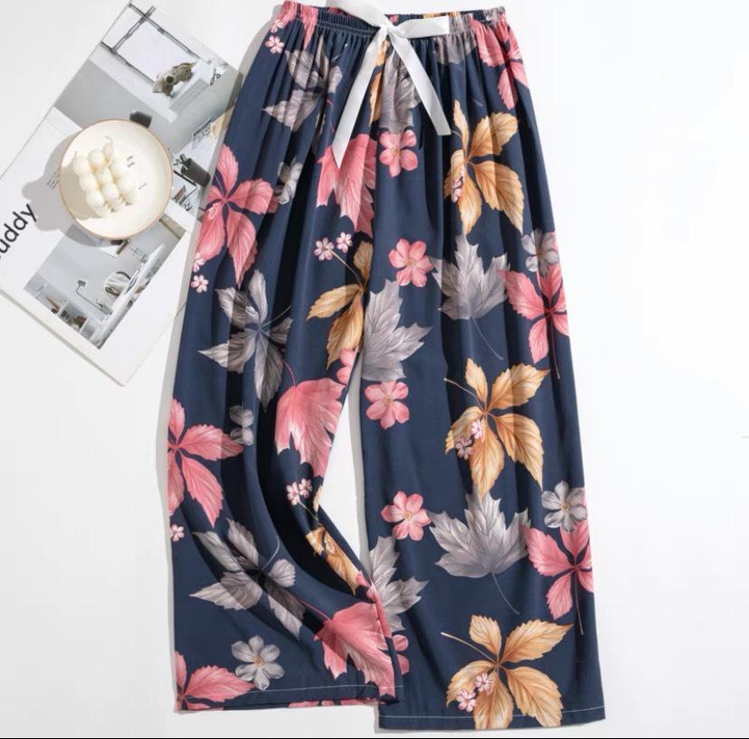 Женские пижамные брюки больших размеров из хлопка и вискозы, с мультяшным цветочным принтом, свободные девятиточечные пляжные брюки, для улицы