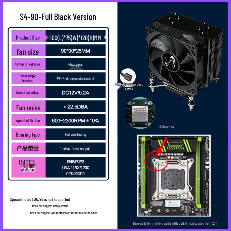 Черный Медный Кулер для CPU Black Fin с 4 Тепловыми Трубками для Платформ 2011, 115X и 1700 - Тихий Настольный Вентилятор
