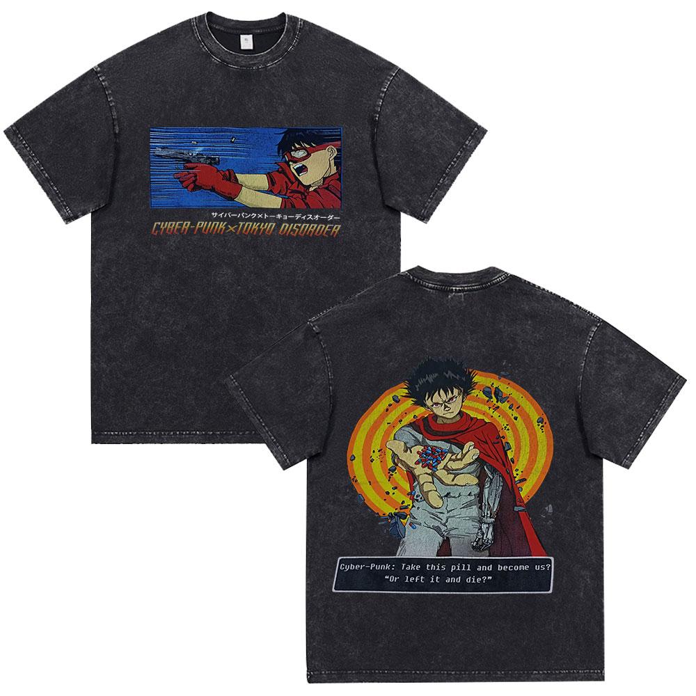 Akira Anime Tshirt Men Vintage Washed Black Oversized Streetwear Cotton Short Sleeve Graphic Tees Unisex Tops