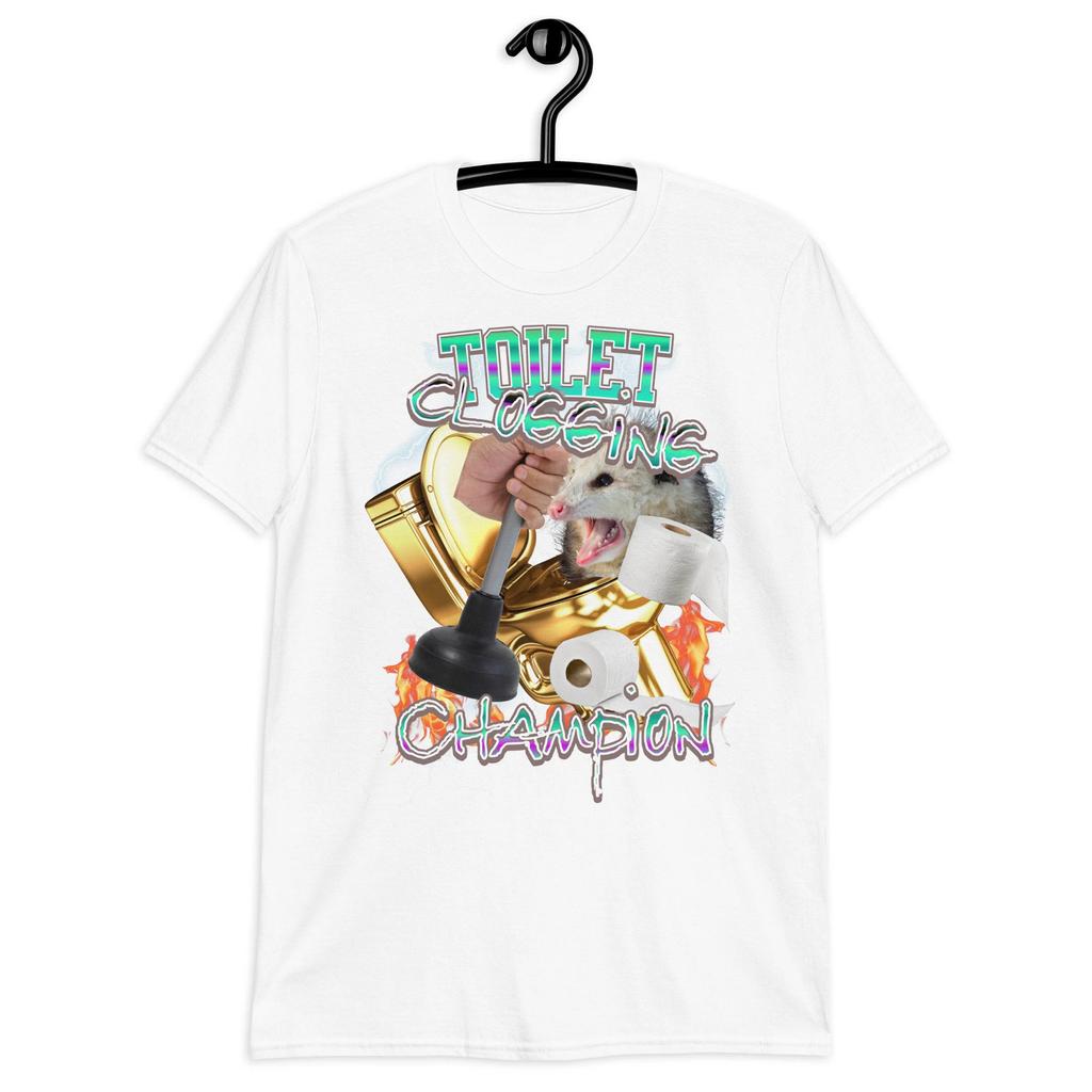 Toilet Clogging Champion Tshirt Funny Meme Graphic Tee Summer Mens and Womens Loose and Breathable Tshirt