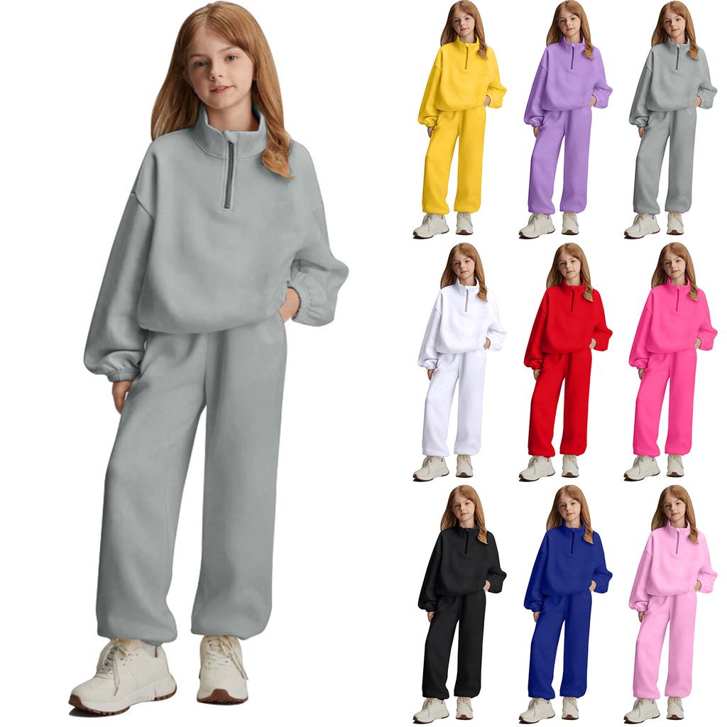 Girls' High-Neck Half-Zip Sweatshirt + Long Pants Sports Fleece Casual Children's Set