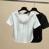 Short-sleeved T-shirt for Women's Summer New Women's Curved Hem Solid Color Threaded T-shirt Short Zipper Hooded Top