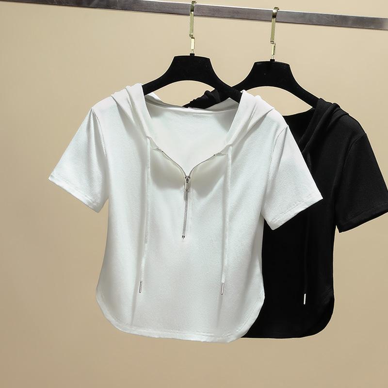 Футболка с короткими рукавами для женщин, летняя новая женская однотонная футболка с закругленным подолом, короткая застежка-молния с капюшоном