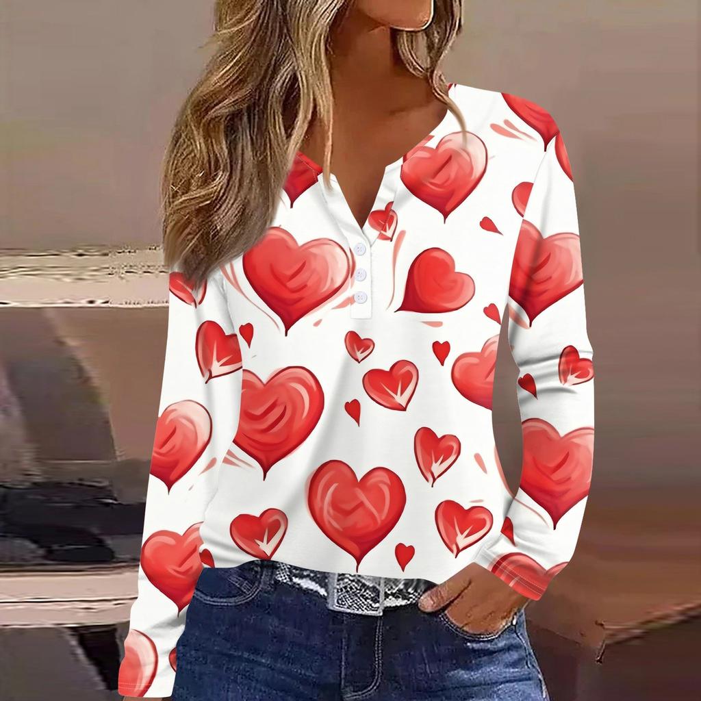 Женская футболка с принтом ко Дню святого Валентина, туника с длинным рукавом и пуговицами, повседневная мода на выходные, базовый топ с V-образным вырезом