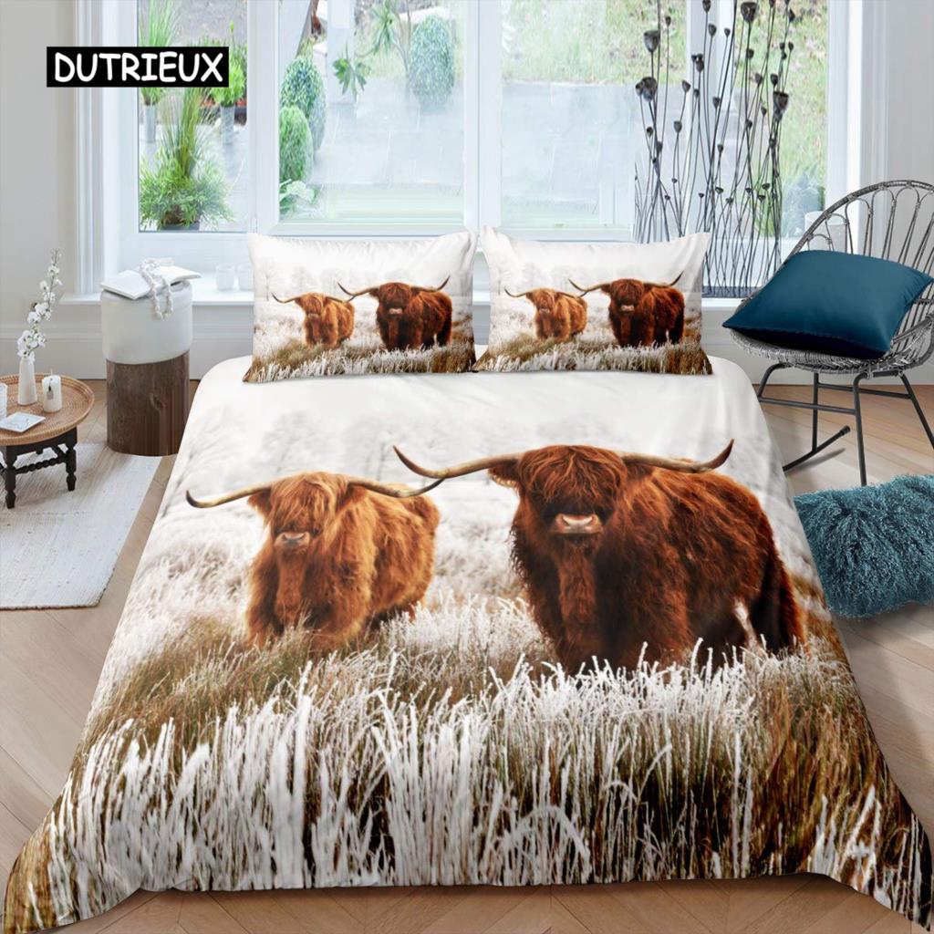 Пододеяльник из хайлендской коровы King Sunflower Black Cattle Комплект постельного белья из микрофибры Farm Animal Cow Western Farmhouse Cattle Пододеяльник из плотной ткани