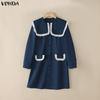 VONDA Женское элегантное повседневное мини-платье с большим лацканом, длинным рукавом и контрастной строчкой