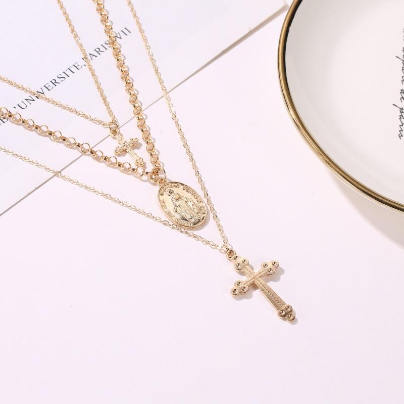 Многослойное ожерелье Популярное 3-слойное ожерелье с крестом Статуя Иисуса Кулон Металлическое ожерелье Комплект для девочек Модные аксессуары Свитер-цепочка