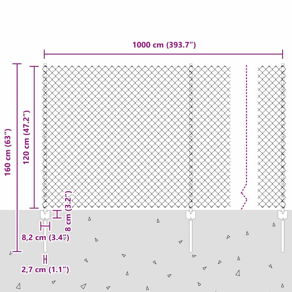 Chain Link Fence with Posts 10 x 1.2 m (W x H) Hot Dip Galvanized Steel