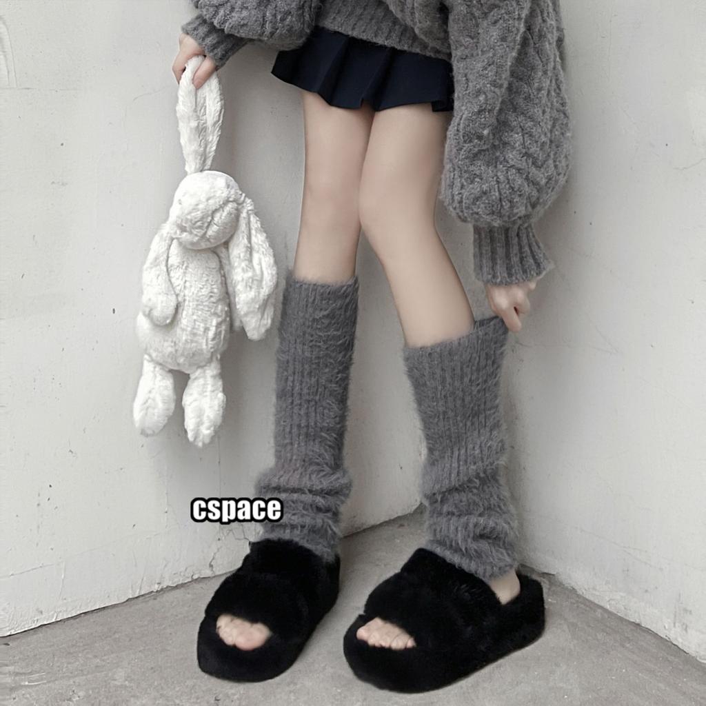 Women's Fuzzy Calf Socks Furry Slouch Leg Warmers Black and White Color Japanese JK Style Thickened and Warm for Autumn and Winter