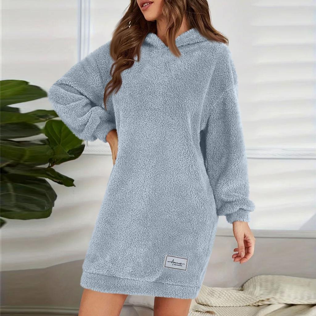 Women's Fashion Hooded Long Sleeve Plush Dress Solid Color Casual Sweatshirt