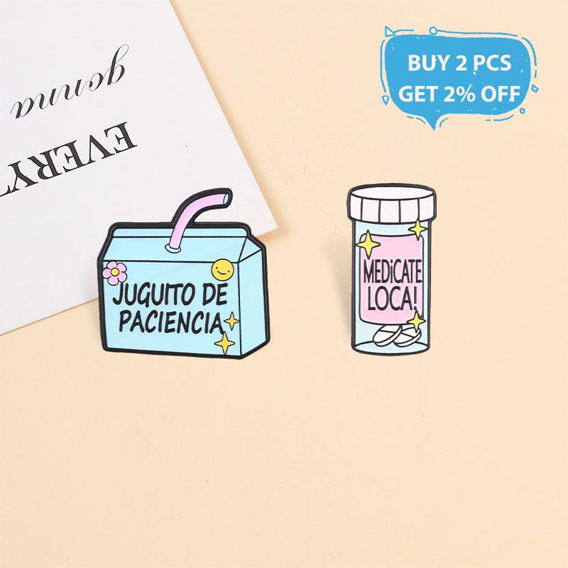 Juguito De Paciencia Blue Juice Box Enamel Pin Humor Spanish Medicate Loca Pink Medicine Bottle Brooch Lapel Badge Jewelry Gifts