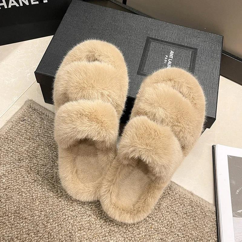 Women Fur Warm Winter Furry Fur Shoes Fluffy Plush Slippers Home House Indoor Shoes Bedroom Slippers Female Ladies Round Toe