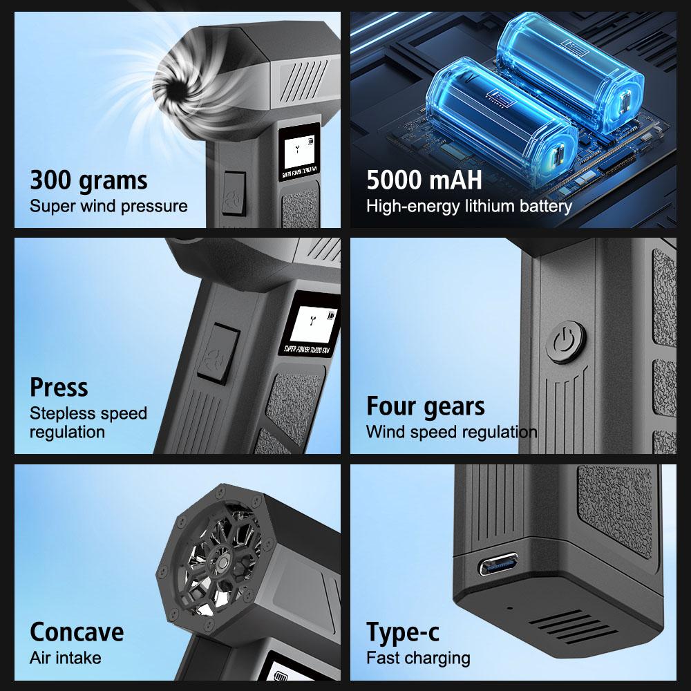 Gears Adjustable Type C Charger Portable 130000 RPM Electric Air Duster Turbo Jet Fan Car Blowing Snow Car Accessories Cleaning Blower Tool