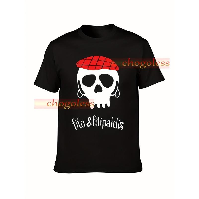 Fito & FITIPALDIS Men's Vintage Black T-Shirt with Skull & Red Beret Graphic Print - Relaxed Fit Short Sleeve Crew Neck Casual Shirt, S-XXL Sizes