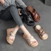 Retro Genuine Leather Thick Soles Sandals Women Wedges Slides Comfortable Outdoor Platform Slippers