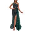 Women Evening Dress One Shoulder Sleeveless Shiny Sequin Padded Feather Decor High