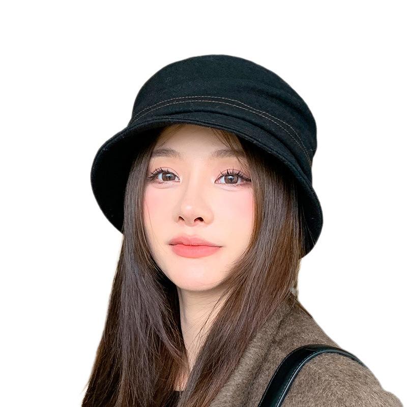 New literary style pleated bucket hat female face small autumn and winter retro woolen basin hat big head circumference sun hat