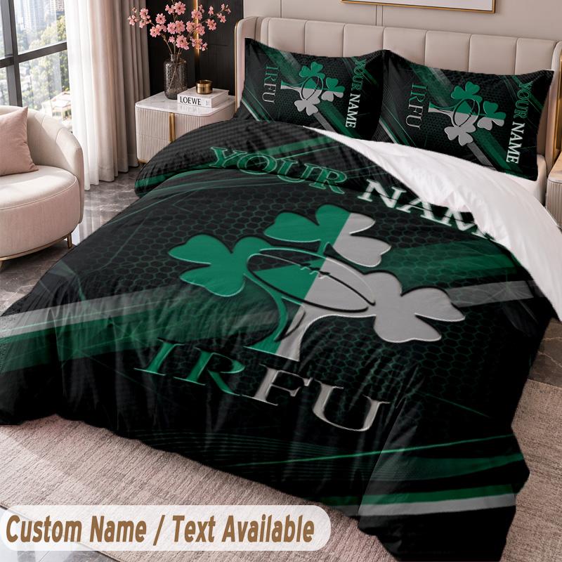 Ireland Rugby Printed Bedding Set Custom Name Text 1 Duvet Cover 2 Pillowcases For Bedroom