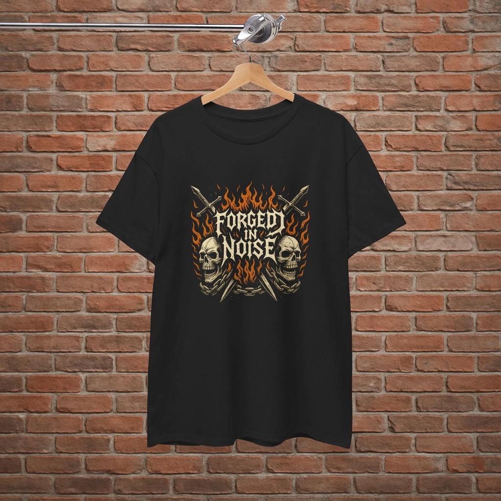 Футболка с графикой 'Forged in Noise Metal Skull – Fire Swords Flames Rock' от S до XL