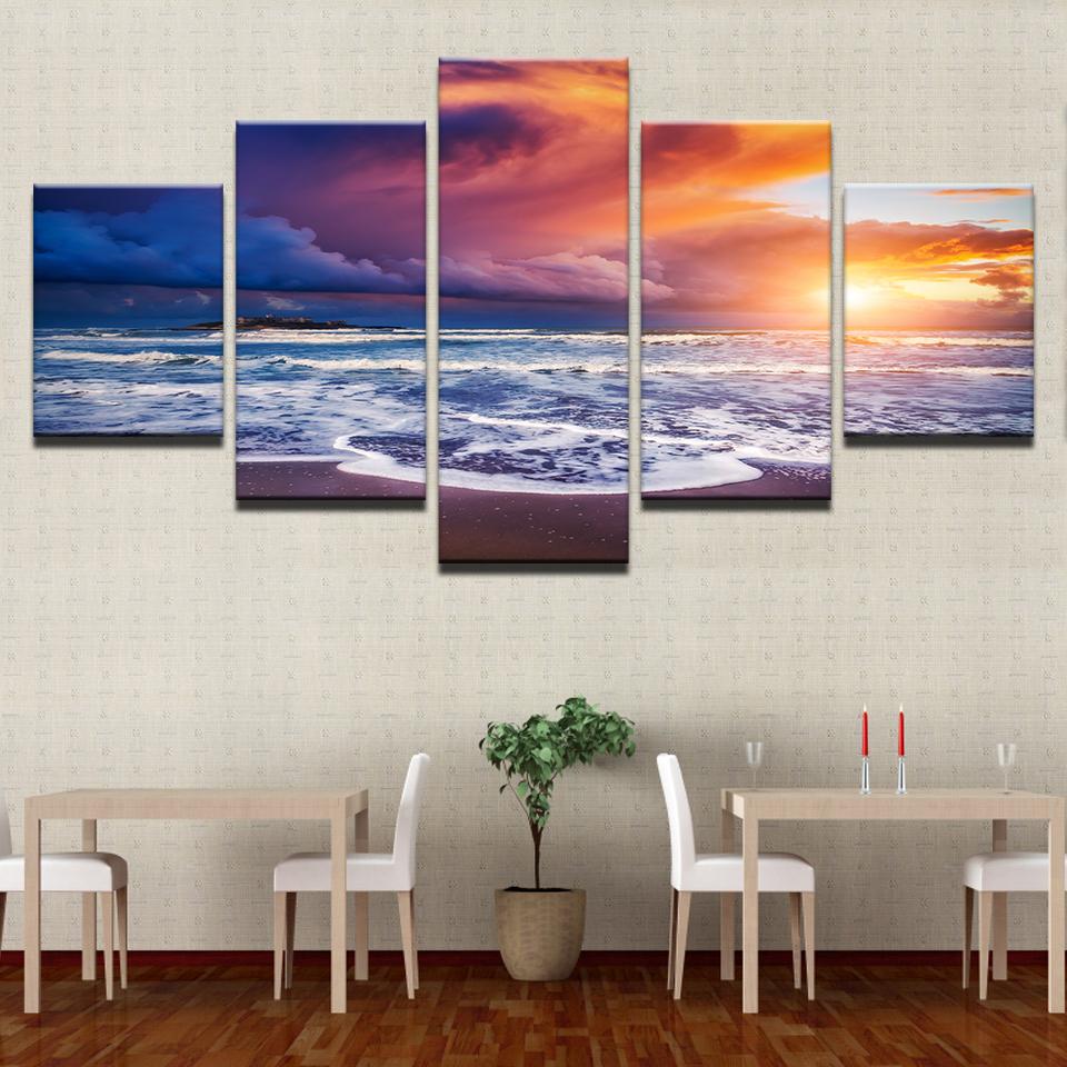 Печатная картина Декор для гостиной 5 шт. Голубая морская вода Пляж Саншайн Морской пейзаж Плакат Модульная настенная живопись Холст Картина Рамка без рамки