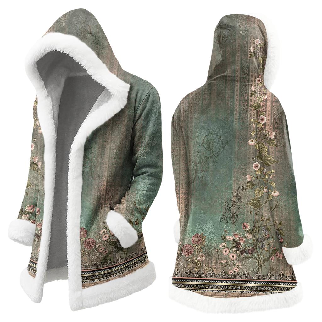 Unisex Casual And Fashionable Plush Collar Hooded Long Sleeved Floral Gradient Printing Jacket