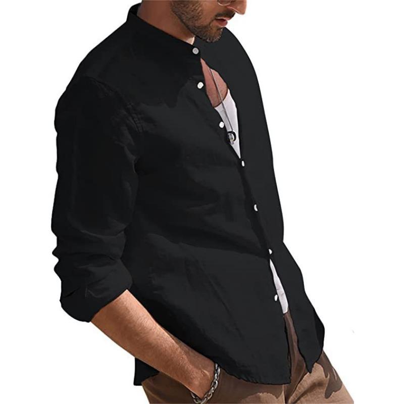 Mens Retro Casual Loose Long Sleeve Stand Collar Solid Shirt