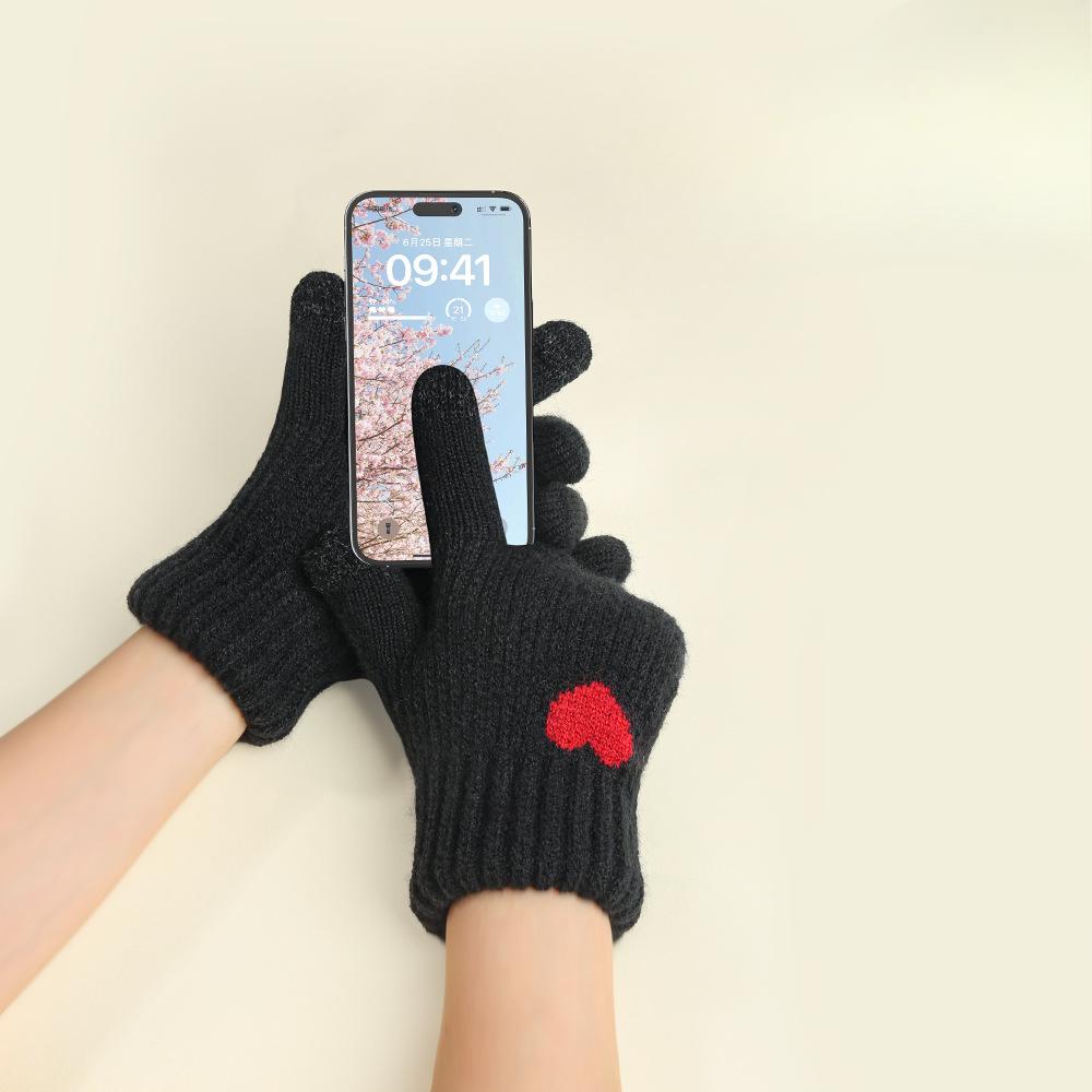 Зимние женские жаккардовые вязаные перчатки с милым сердечком, сенсорные, термо, двойной слой, рождественский стиль