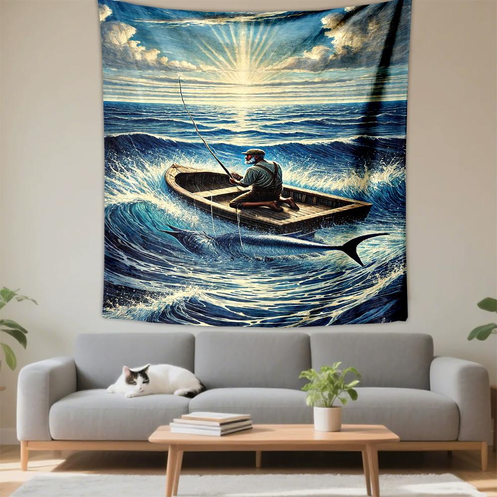 Man Fishing on Ocean Waves with Marlin Art Patterned tapestry for bedroom and living room home decor