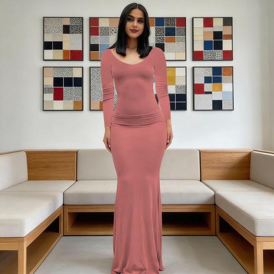 Платье макси с длинным рукавом для женщин, осеннее повседневное платье с круглым вырезом, длинное платье, облегающее фигуру, с драпировкой, коктейльное платье для вечеринки