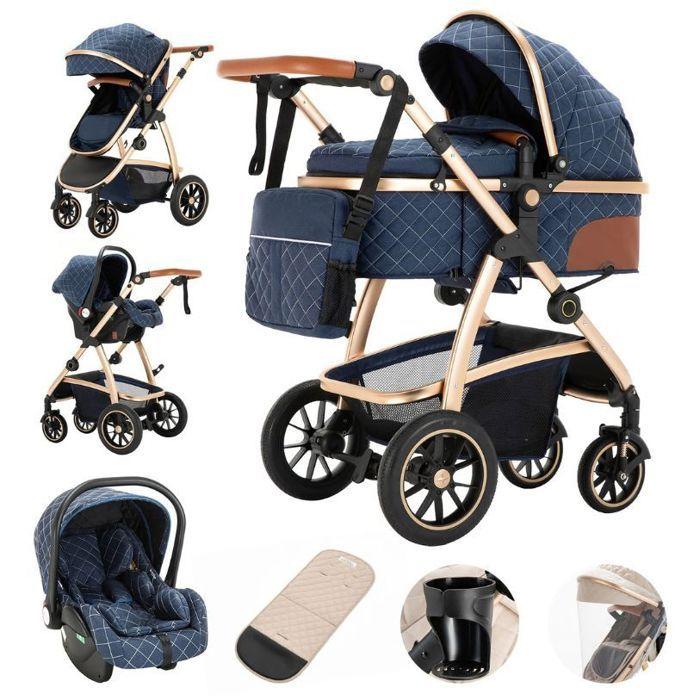 Poussette Luxueuse 3 en 1 pour Bébé, Portable, Voyage, Pliable, Cadre Aluminium, pour Nouveau-Né. Bleu