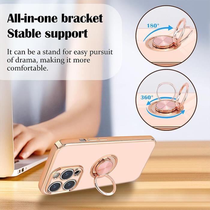 Coque de protection - Silicone - pour iPhone 15 Pro Max - Antichoc - Support réglable - Rose avec bordures or