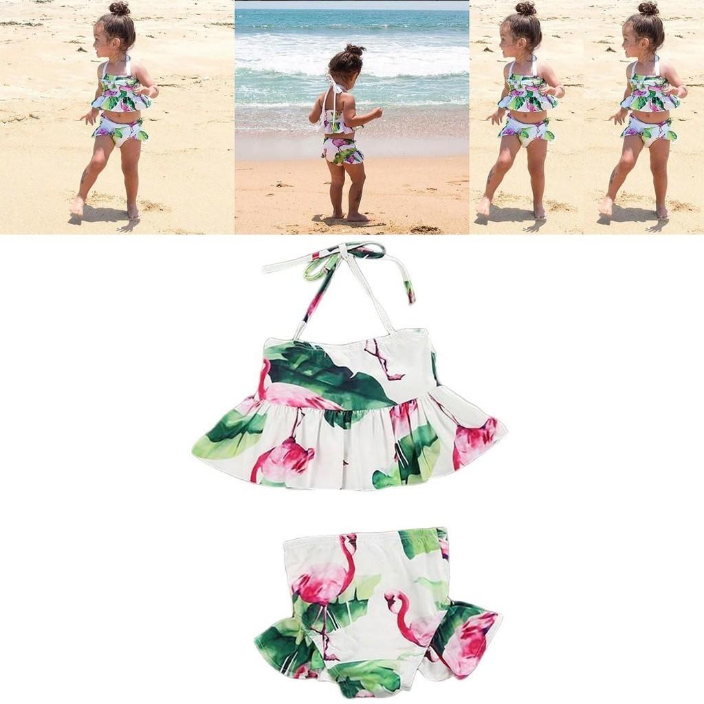 Charming 2pcs Girls Ruffle Floral Bikinis Set Featuring Adorable Flamingo Design