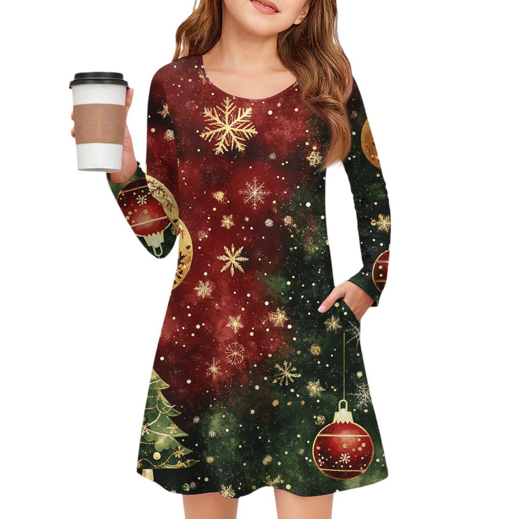 Christmas Day Girls' Long Sleeve Dress - Color Pocket Dress