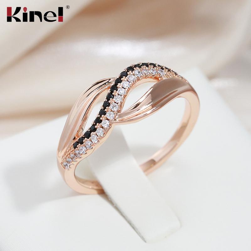 Кольца Kinel с черным натуральным цирконом для женщин, современное модное кольцо цвета розового золота