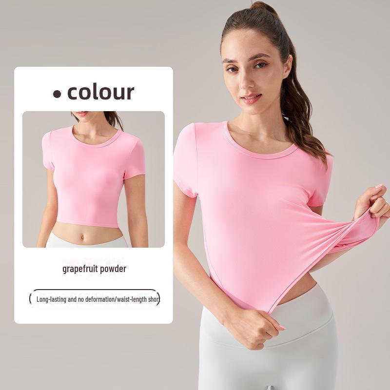 Женские летние топы для йоги из лайкры с круглым вырезом и коротким рукавом — высокая эластичность, удобная посадка для фитнеса и спорта.