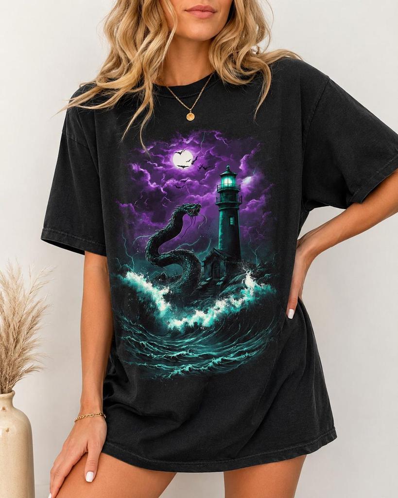 Sea Serpent Lighthouse Comfort Colors T-Shirt and kids tshirt, Gothic Ocean Monster Tee, Dark Fantasy Coastal Shirt and kids tshirt, Kraken Graphic