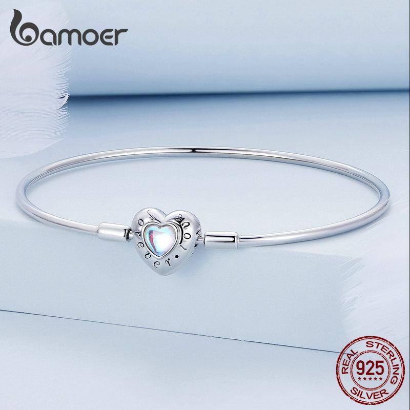 Bamoer 100% Серебро 925 Проба Браслет-подвеска 'Навсегда Любовь Яркое Сердце' для Женщин Застежка-Кот Змеиная Цепь Браслет Тонкие Украшения