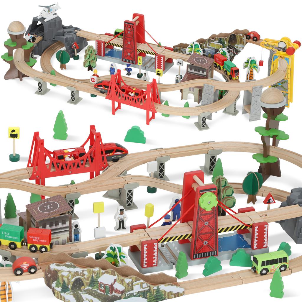 Wooden Train Set for Children, 100 Pieces, Magnetic Railway, Crane, Bridge, Helicopter, Multicolor