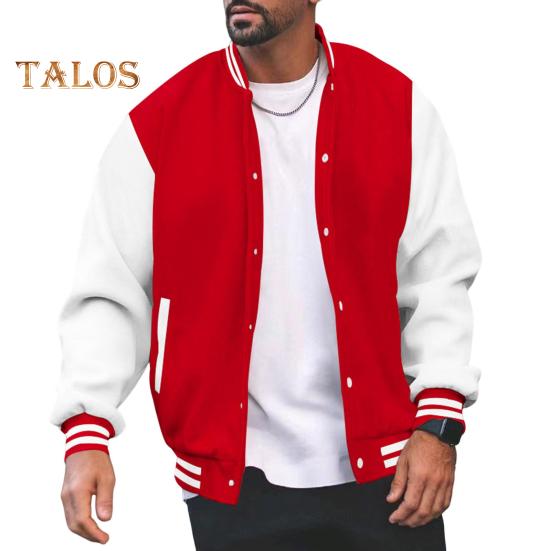 Men Baseball Jacket Stand Collar Long Sleeve Striped Patchwork Color Buttons Closure Jacket Coat with Two Side Pockets