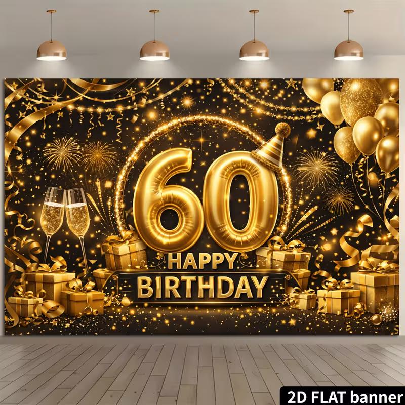 Двумерный фон для 60-летия Черно-золотые воздушные шары и подарочная коробка Фотофон