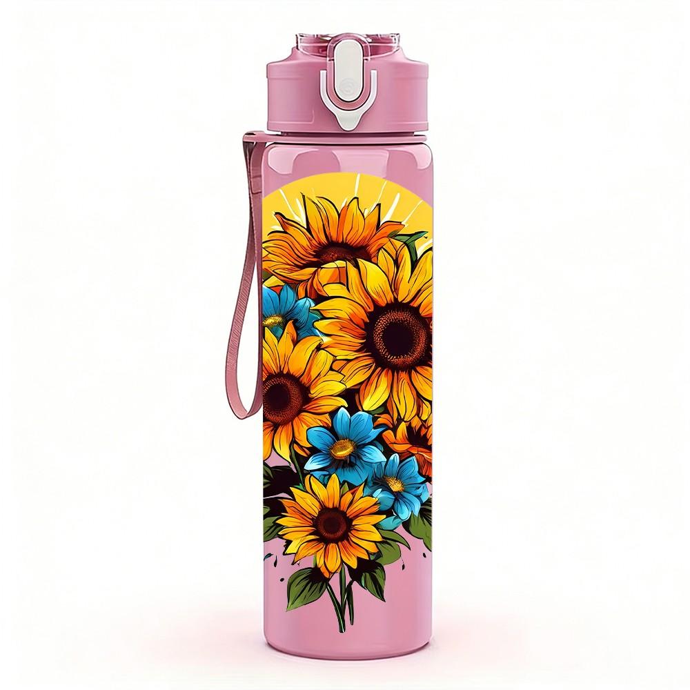 1PC Sunflower Daisy Summer Flower Print 750ml Color Plastic Sports Water Bottle Leakproof Flip Straw Lid Suitable for Sports Office Home Use