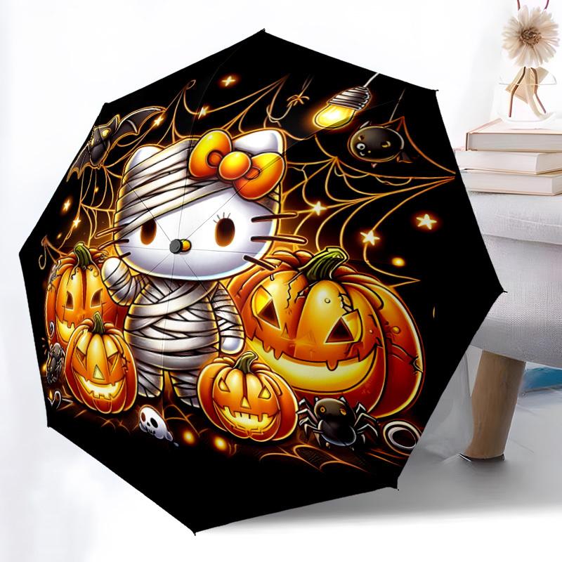 1PC Halloween Hello Kitty Pattern Auto Folding Umbrella, Portable Collapsible Design, Casual Outdoor Accessory, For All Seasons, Christmas Birthday Fe
