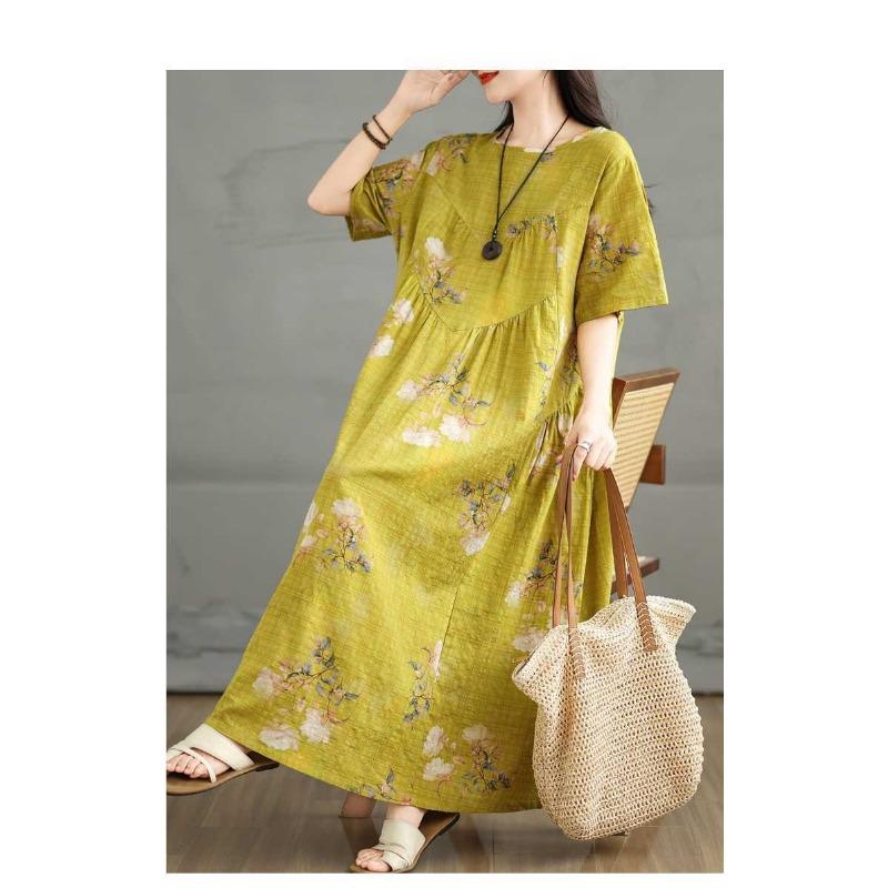 Летнее ретро платье из хлопка и льна с круглым вырезом и короткими рукавами, женская свободная юбка
