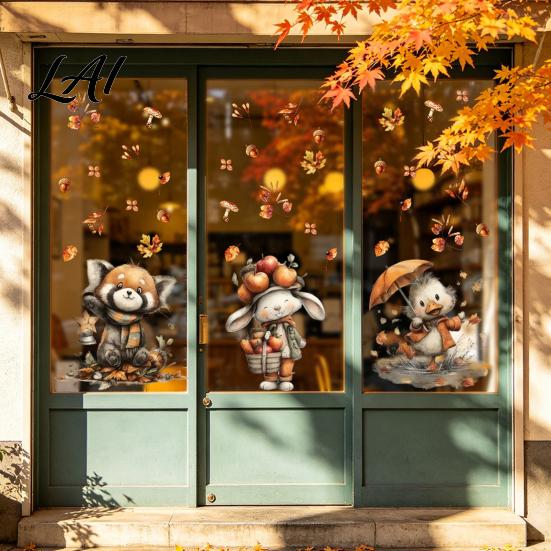 Autumn Pastoral Theme Window Art Static Sticker with Cute Animals & Maple Leaves Removable Harvest Durable Clings for Store Fronts Festival