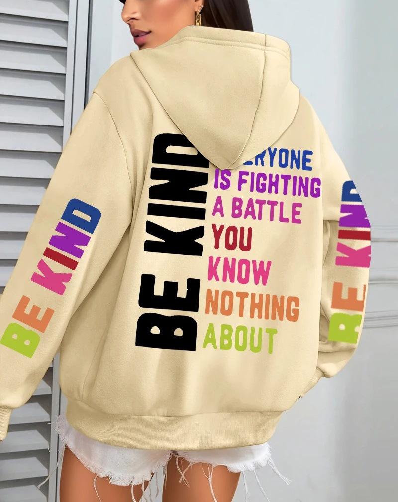 Женская толстовка с принтом букв 'Be Kind' - Осенний повседневный флисовый пуловер с карманами