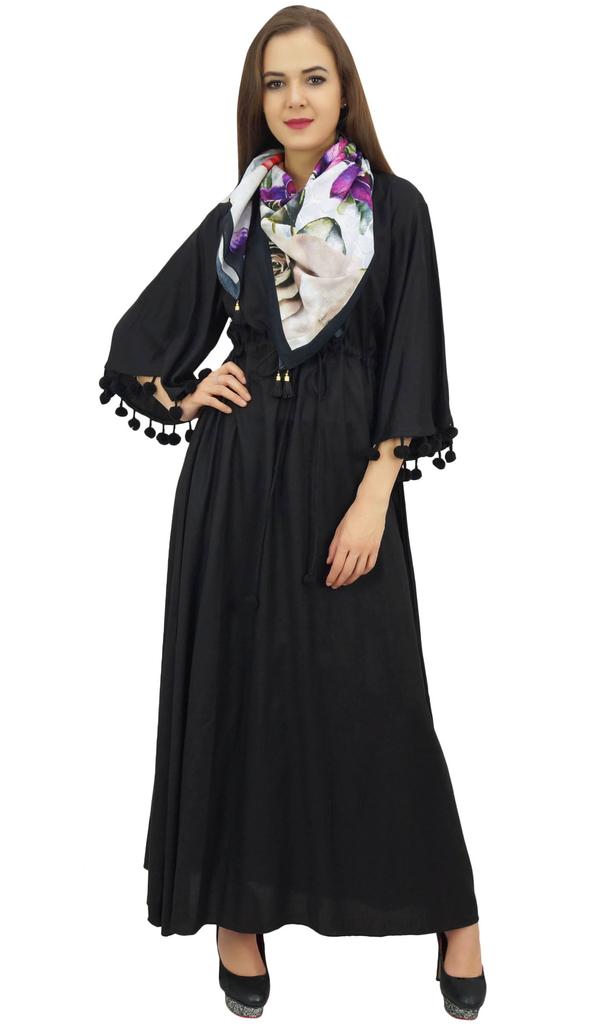 Bimba Женское повседневное платье макси с помпонами и рукавами-колокольчиками цвета морской волны с шарфом -