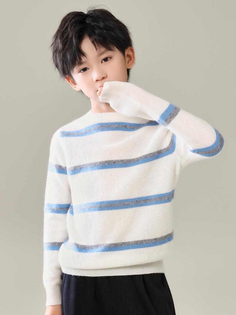 Striped Crew Neck Wool Sweater for Boys & Girls - Autumn/Winter Slimming Base Layer Knitwear, Loose Short Elegant Style.
