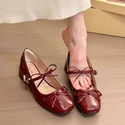 Туфли Мэри Джейн на высоком толстом каблуке с квадратным носком, новые, красные вечерние одинарные женские туфли с юбкой
