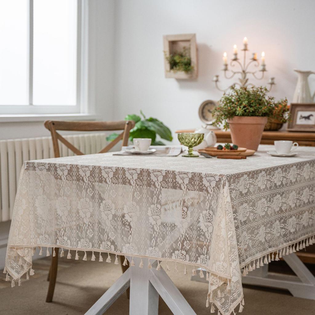 Bohemian Chic Crochet Lace Tablecloth, Farmhouse Style Vintage Hollow-Out Design Beige/Brown, Perfect for Kitchen Dining, Buffet Table, Holiday Dinner
